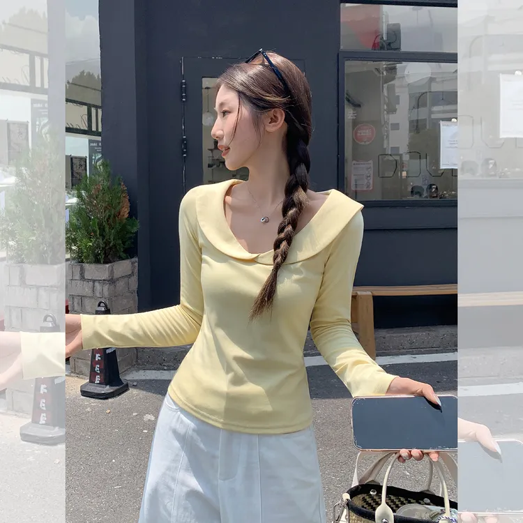 娃娃领甜美百搭纯色长袖T恤女秋季新款纯欲修身气质显瘦正肩上衣