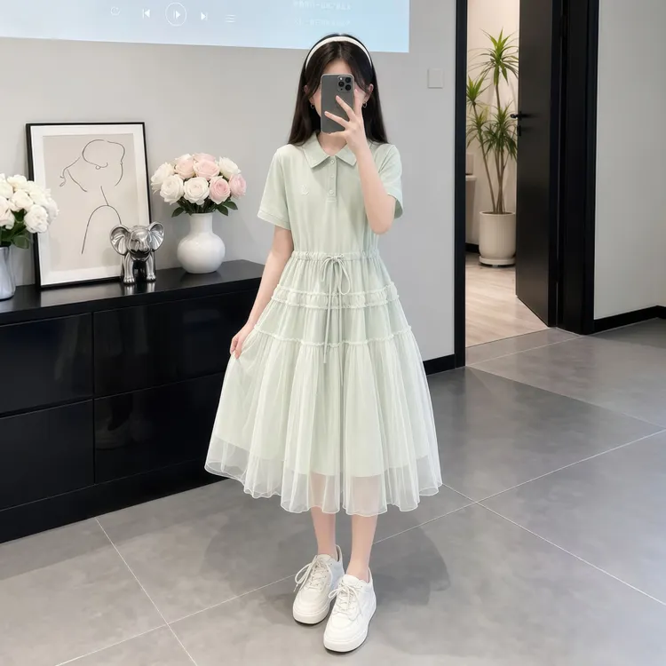 女童polo连衣裙2026夏季新款洋气纱裙儿童裙子夏装休闲中大童长款商品图