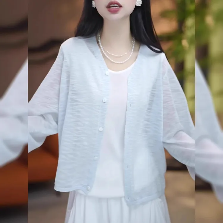 芊芊芙蓝色竹节麻防晒针织开衫女夏季洋气百搭减龄薄款罩衫上衣潮