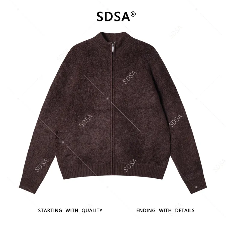 SDSA秋冬新款痞帅男装潮牌短款绒面拉链立领针织衫百搭开衫毛衣