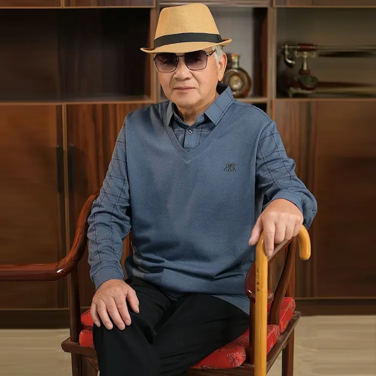 春秋中老年长袖翻领假两件poloT恤运动春季打底衫秋季休闲爸爸装