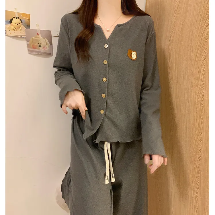 睡衣女款春秋冬季保暖加厚双面德绒高级感简约深灰小熊长袖两件套
