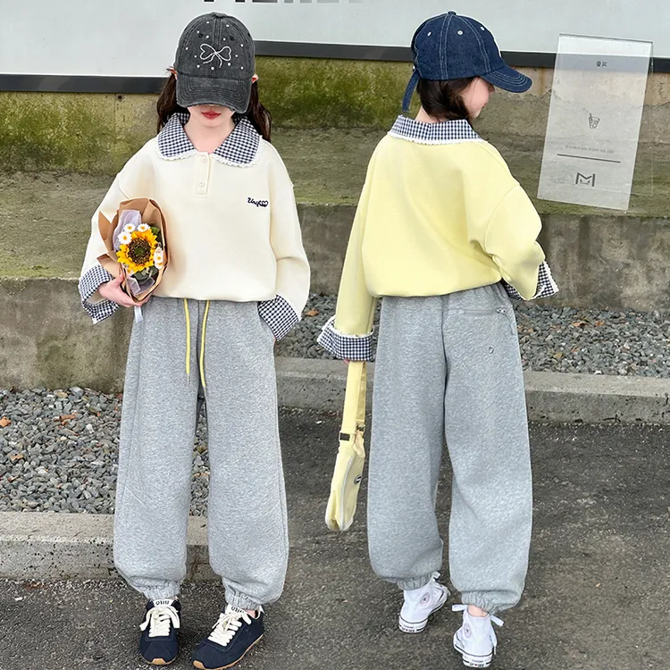 女童春季2025新款格子翻领上衣6-12岁时尚休闲运动阔腿裤两件套潮