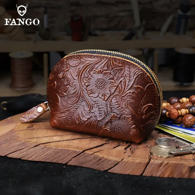 手工真皮零钱包唐草纹牛皮国风潮流文玩袋拉链首饰耳机手串收纳包