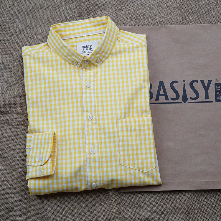巴司司黄格长袖全棉单口袋男衬衫翻领休闲衬衣238