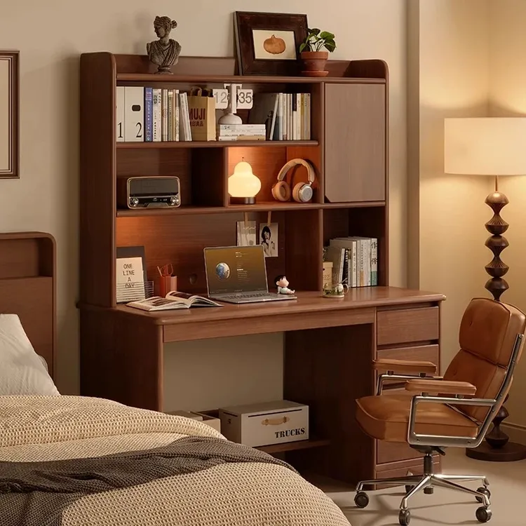 实木书桌书架组合一体电脑桌简易家用简约学生卧室抽屉学习写字桌