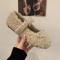 温柔风蝴蝶结毛毛鞋女秋冬外穿加绒保暖圆头浅口玛丽珍单鞋