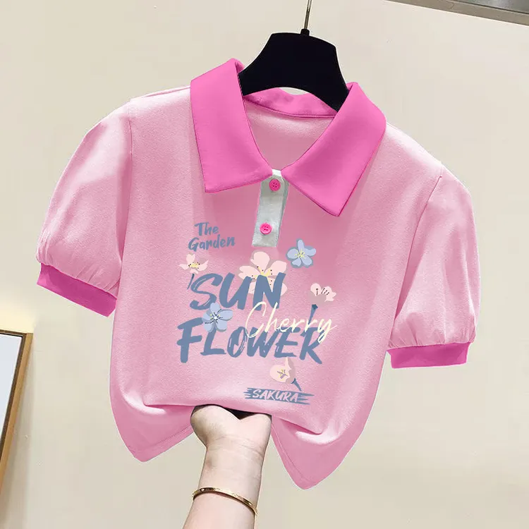 夏季女孩纯棉多巴胺短袖女孩翻领小花朵T恤中大童POLO衫休闲上衣