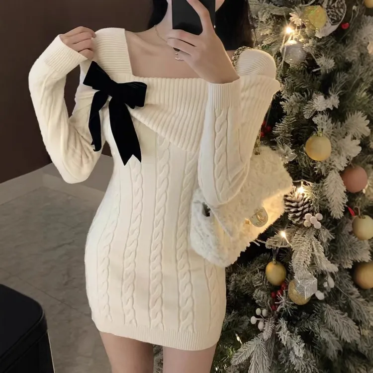 秋冬甜辣方领蝴蝶结收腰麻花针织包臀短裙纯欲连衣裙女修身打底