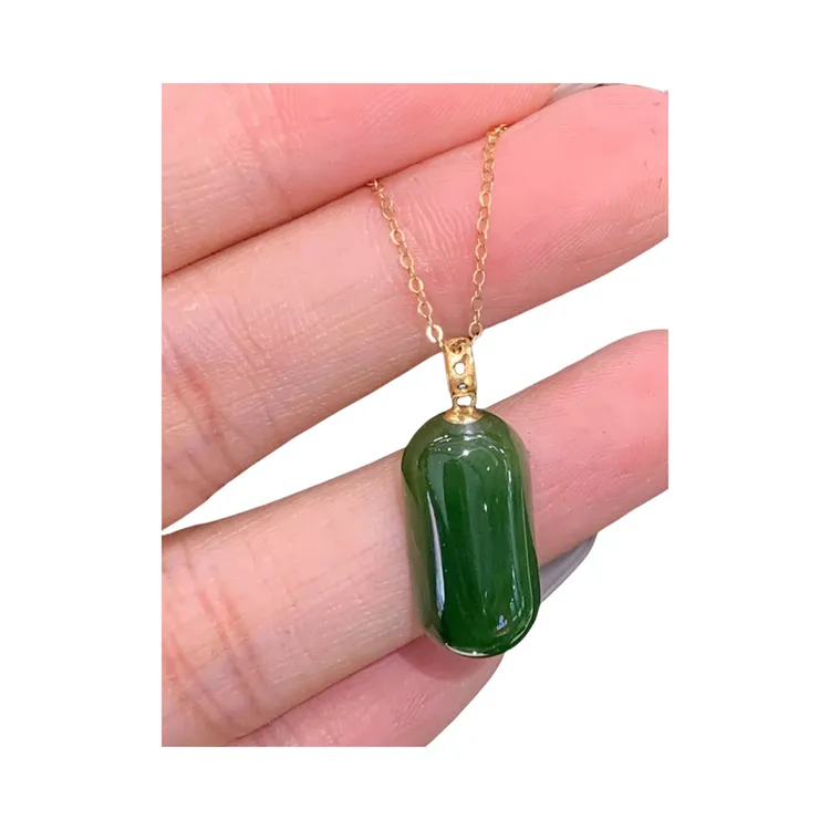 拾珍圆条牌牌绿色碧玉和田玉吊坠18k金镶气质精美精致优雅时尚