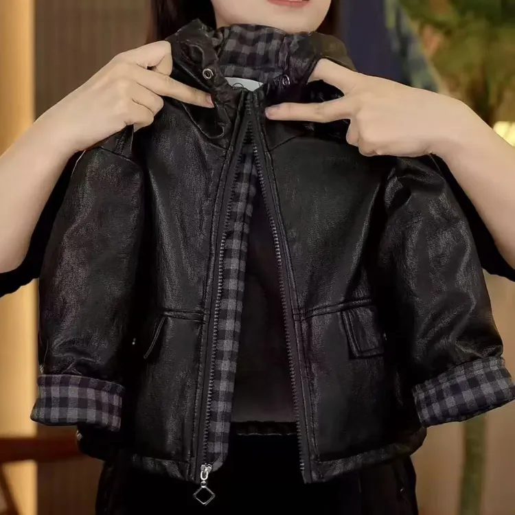 皮衣男童加绒加厚棉服儿童皮夹克短款男宝宝加厚保暖皮衣冬季棉衣