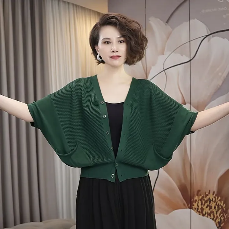 夏季高端原创连袖提花透气女士宽松休闲针织开衫