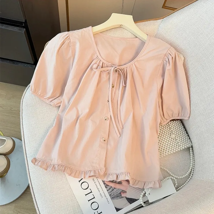 甜美木耳边蝴蝶结系带泡泡袖衬衫女夏2025洋气减龄单排扣宽松上衣