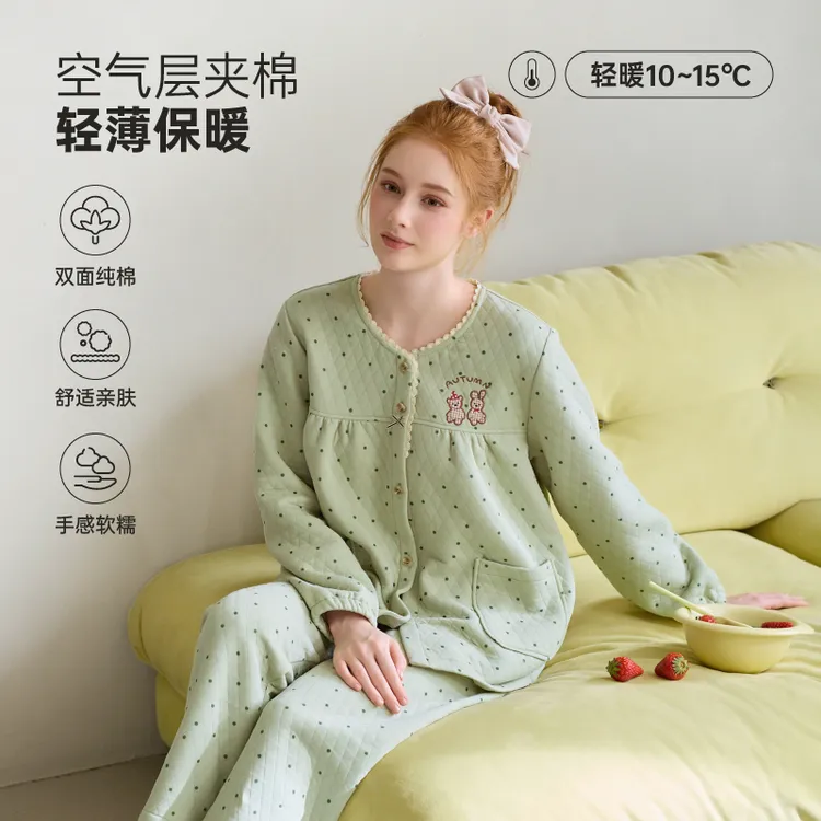 芬腾睡衣女款新款空气夹层针织薄夹棉春秋季纯棉长袖家居服套装