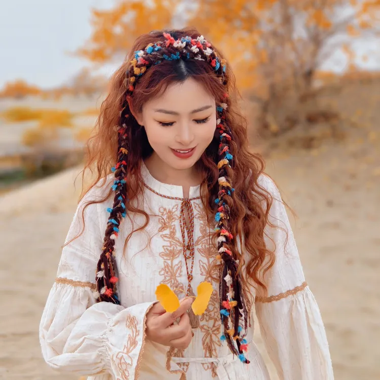 复古毛绒美拉德彩色长流苏飘带发箍藏族麻花辫头箍波西米亚发饰女