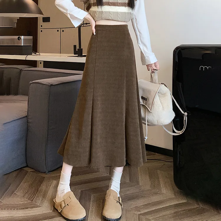 咖色鱼尾半身裙女秋冬季2025新款高腰包臀中长裙小个子a字半裙子