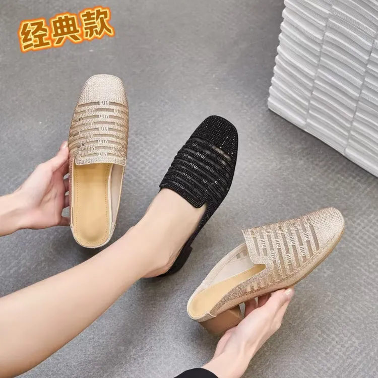 网纱水钻凉拖鞋女外穿时尚包头半拖鞋透气镂空设计