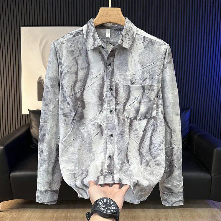 春秋季扎染复古长袖衬衫男宽松休闲潮流翻领日系百搭男装衬衣外套