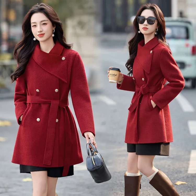 设计感毛呢外套女中长款2025秋冬新款高端气质千金风系带呢子大衣