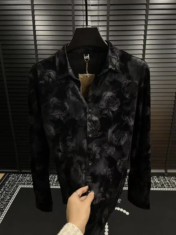 男士秋冬新款植绒翻领长袖休闲修身时尚春秋打底衬衣衬衫上衣男款