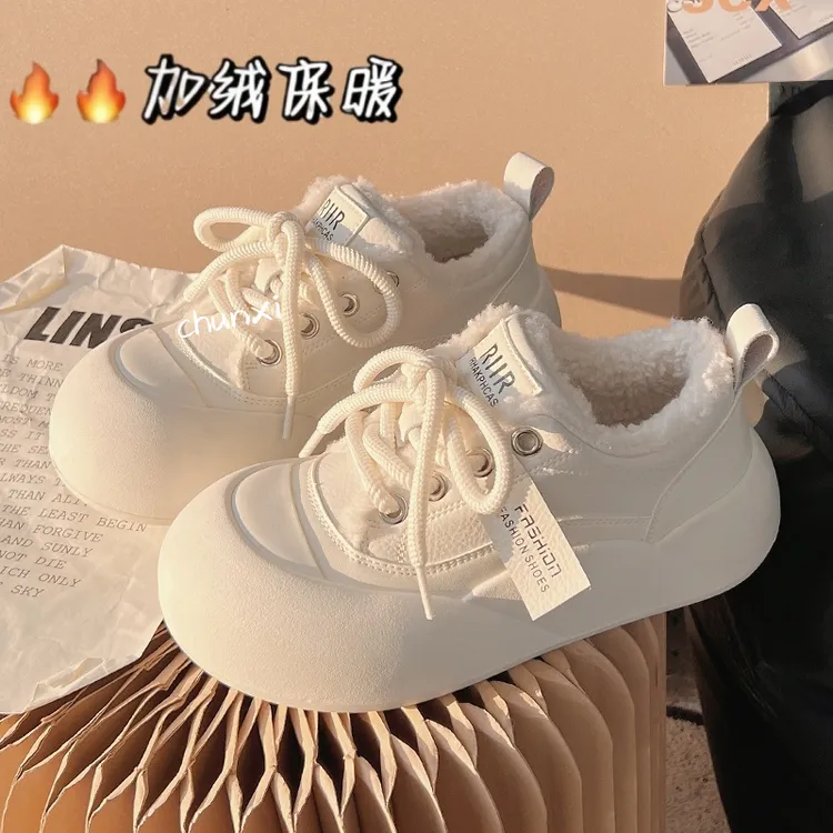 加绒小白鞋女秋冬季女鞋子保暖棉鞋厚底大头面包鞋百搭运动休闲鞋