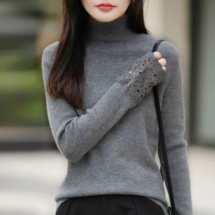 正品撤柜羊毛衫半高领针织衫毛衣秋冬新款钩花蕾丝打底纯色上衣