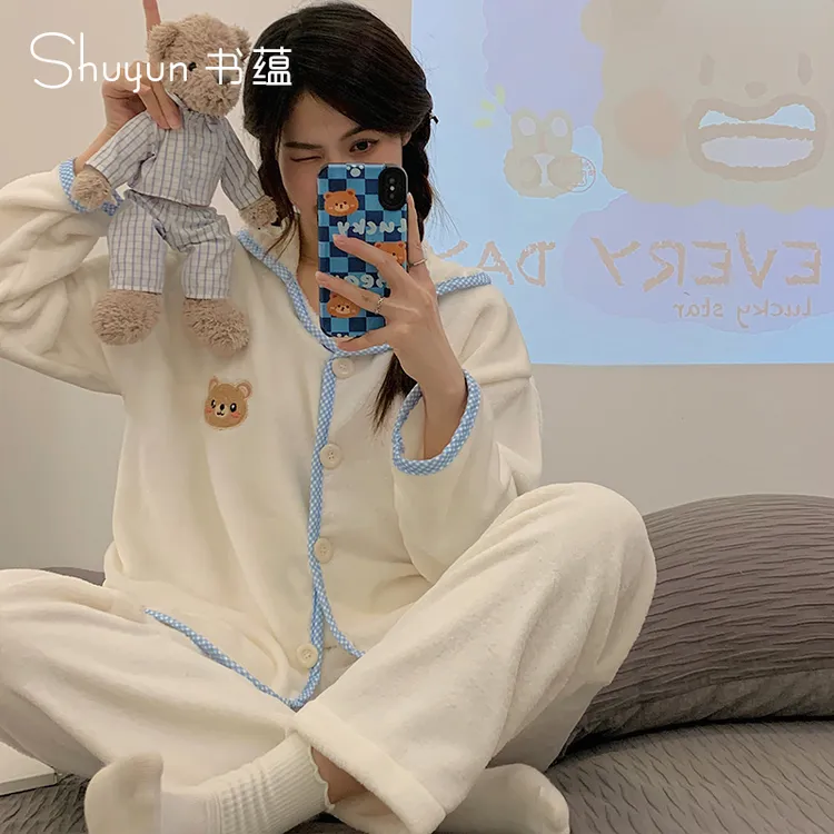 珊瑚绒睡衣长袖长裤学生卡通秋冬加厚保暖ins休闲开衫家居服套装