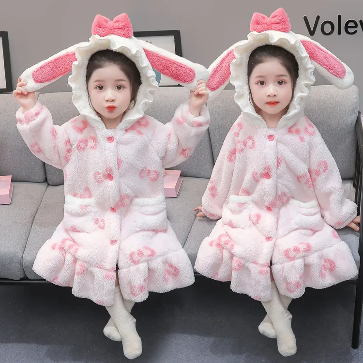 女童睡袍秋冬款法兰绒女孩宝宝睡衣家居服珊瑚绒冬季睡裙儿童保暖