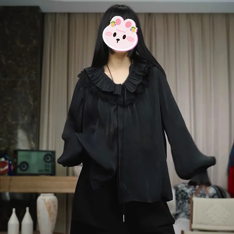 2025秋季新款宽松遮肉设计感双层荷叶木耳花边V领长袖宫廷衬衫女