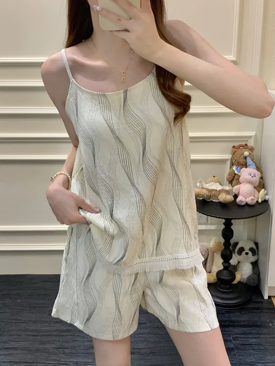 吊带睡衣女夏季薄款云朵棉条纹无袖一体带胸垫可外穿家居服两件套