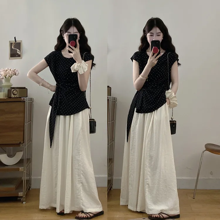 大码夏季新款韩版气质设计感波点上衣宽松百搭棉麻阔腿裤两件套装