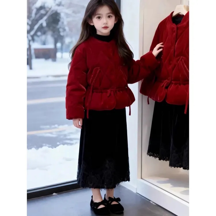 女童冬季保暖加厚棉服外套2025新款初中生女孩新年红色喜庆拜年服