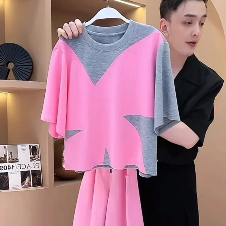 6602好看设计感灰粉拼接T恤休闲时尚夏季宽松