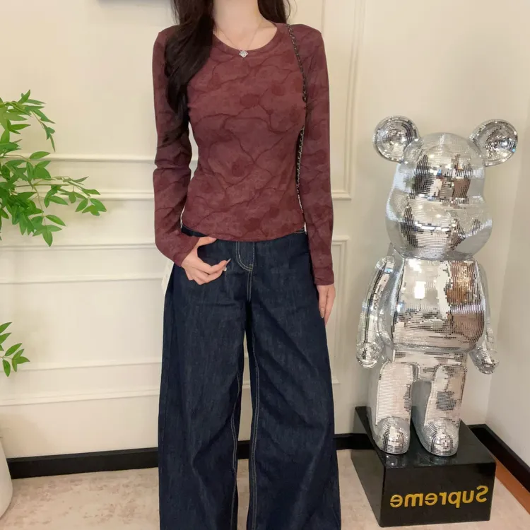 2025老钱风设计感T恤秋冬季长袖圆领辣妹修身显瘦扎染打底女
