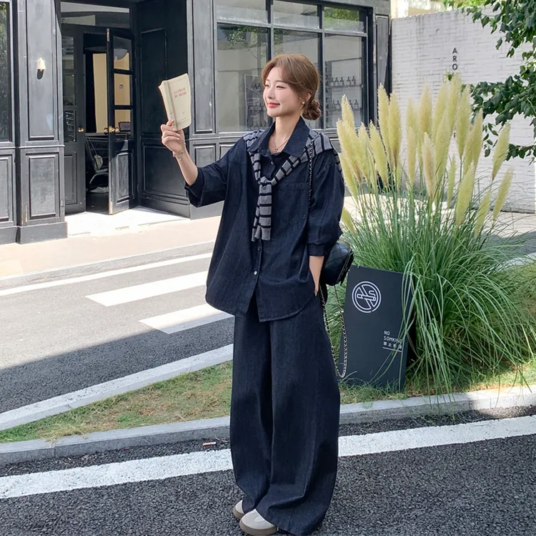 复古港风松弛感披肩牛仔衬衫阔腿裤2025春秋新款小众通勤风套装裤