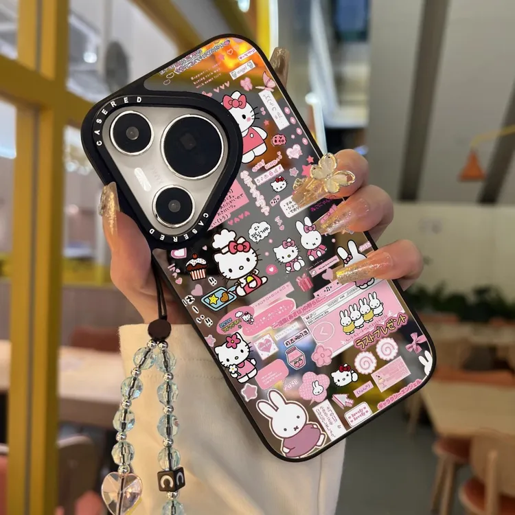 粉色kt猫适用华为pura80pro+手机壳p70pro刀锋镜面mate70支架新款