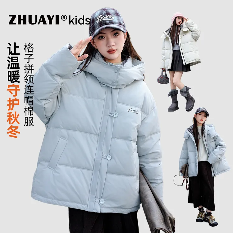 女大童格子拼连帽棉服秋冬新款儿童加厚保暖外套冬装（25402337）7