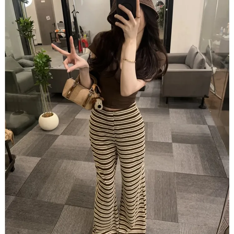 垂感直筒条纹阔腿裤女+休闲V领短袖t恤  60356