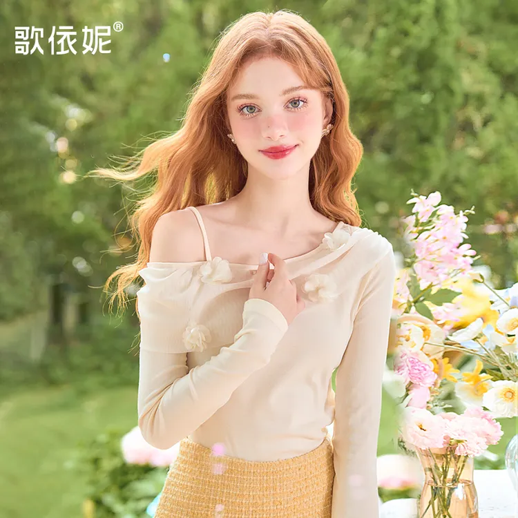 2025秋季新品女士甜美一字肩露肩网纱洋气外穿雪纺衫长袖T恤上衣