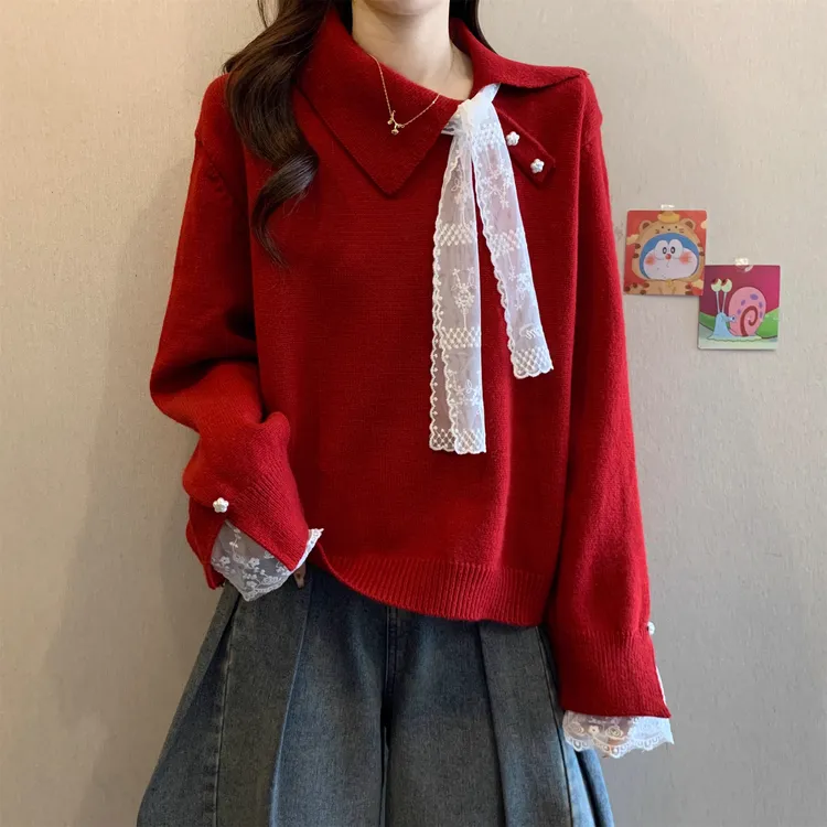 大码胖MM高级感蕾丝拼接红色毛衣女秋冬法式洋气减龄宽松针织上衣