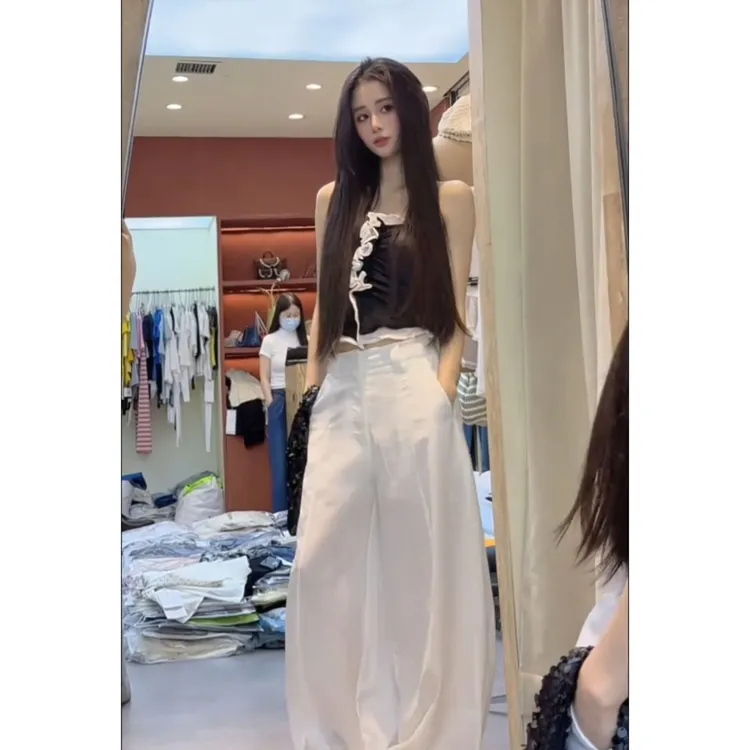 MARIE.COCO高级感性感辣妹风抹胸背心上衣搭配直筒休闲裤时尚套装