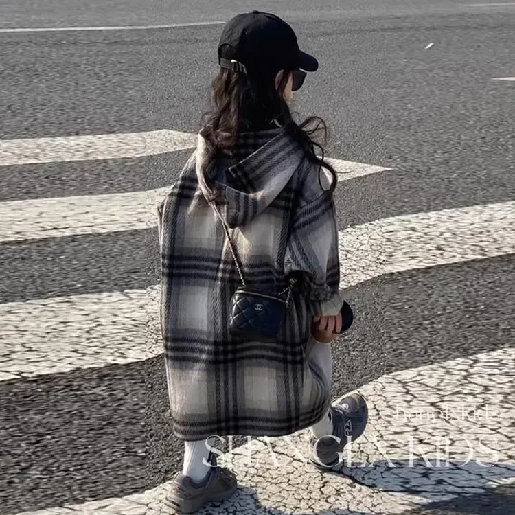 大衣外套女童秋冬夹棉2025新款洋气大童格子毛呢厚外套儿童装长款
