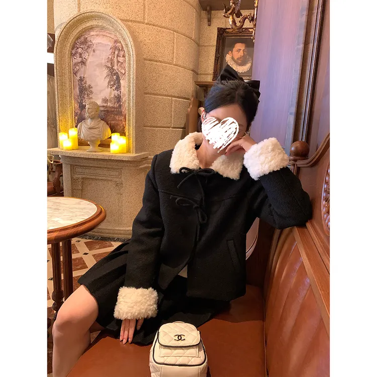 黑色毛呢毛领加绒加厚外套女韩系高级上衣 61262