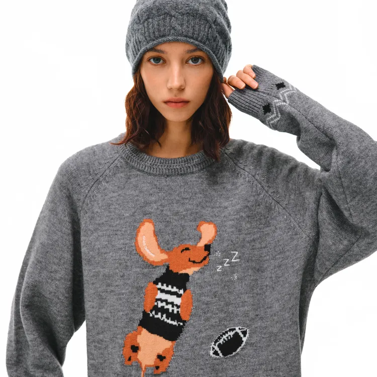 FPA圣诞节《假装麋鹿的腊肠狗》圆领毛衣女款国潮设计美式长袖上衣