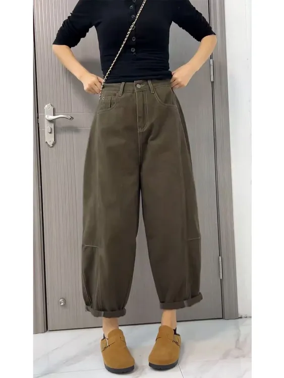 秋季新款弹力显瘦牛仔阔腿裤梨形身材半松紧腰百搭九分哈伦直筒裤