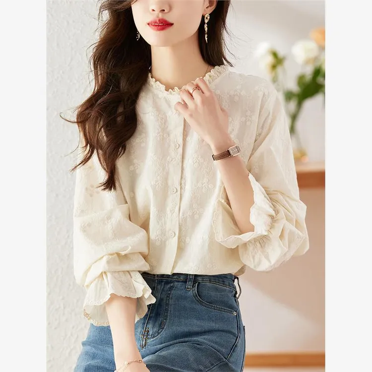 法式木耳边衬衫设计感小众衬衣年新款春秋女装蕾丝上衣长袖