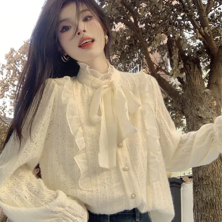 【全额运补】蝴蝶结系带木耳边蕾丝衬衫女秋冬内搭小众加厚打底上衣