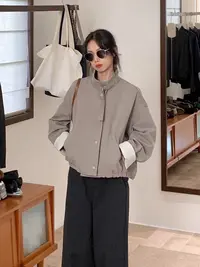 韩系复古米灰色立领外套女2025秋新款宽松休闲百搭夹克上衣