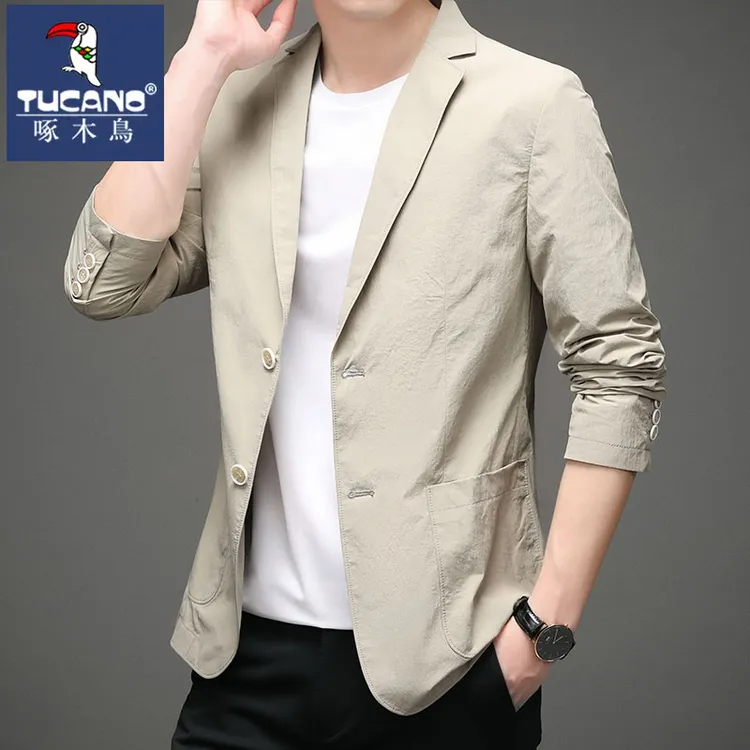 啄木鸟春秋季新款高档时尚男士休闲中年商务纯色西装外套打底上衣