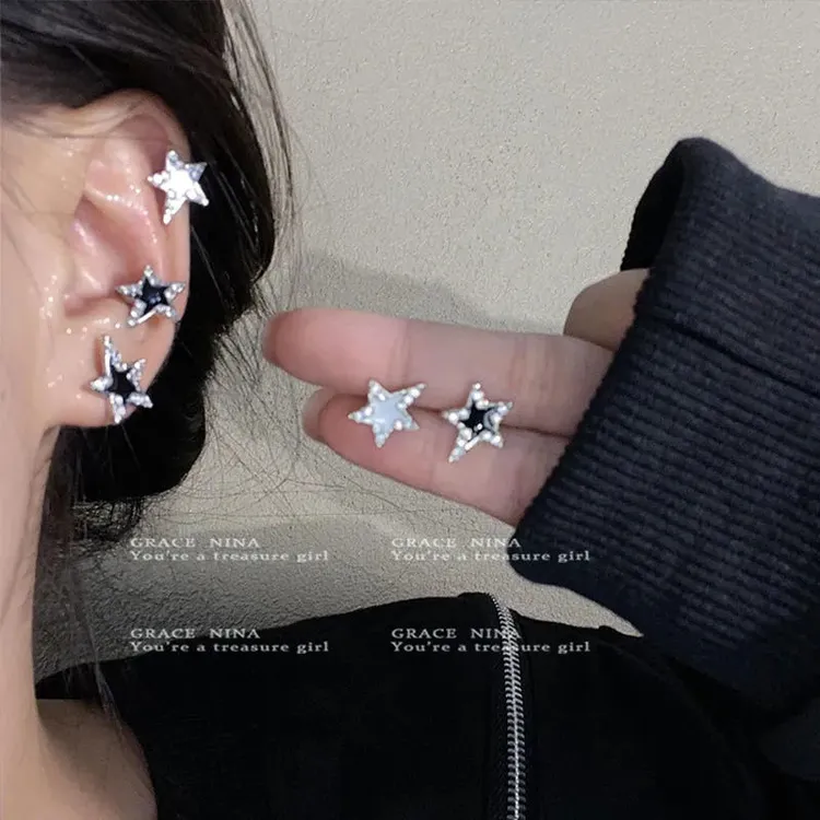 合金耳饰 闪钻锆石黑白星星耳钉小众ins耳骨夹复古高级个性耳饰